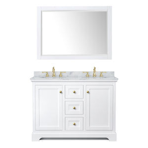 Avery 48 Inch Double Bathroom Vanity in White White Carrara Marble Countertop Undermount Oval Sinks 46 Inch Mirror Brushed Gold Trim
