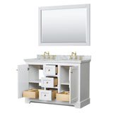 Avery 48 Inch Double Bathroom Vanity in White White Carrara Marble Countertop Undermount Oval Sinks 46 Inch Mirror Brushed Gold Trim