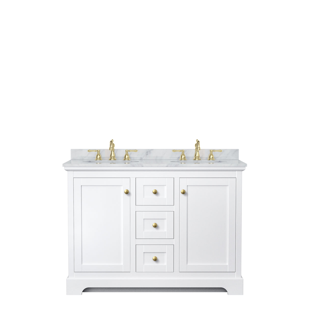 Avery 48 Inch Double Bathroom Vanity in White White Carrara Marble Countertop Undermount Oval Sinks Brushed Gold Trim