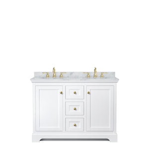 Avery 48 Inch Double Bathroom Vanity in White White Carrara Marble Countertop Undermount Oval Sinks Brushed Gold Trim