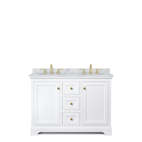 Avery 48 Inch Double Bathroom Vanity in White White Carrara Marble Countertop Undermount Oval Sinks Brushed Gold Trim