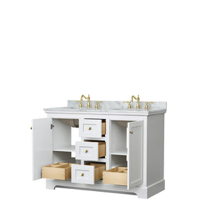 Avery 48 Inch Double Bathroom Vanity in White White Carrara Marble Countertop Undermount Oval Sinks Brushed Gold Trim