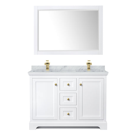 Avery 48 Inch Double Bathroom Vanity in White White Carrara Marble Countertop Undermount Square Sinks 46 Inch Mirror Brushed Gold Trim