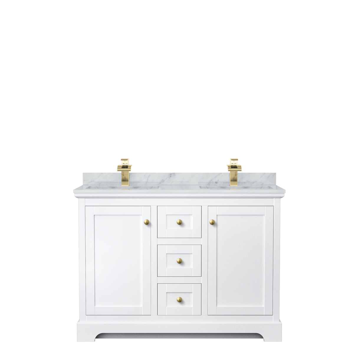 Avery 48 Inch Double Bathroom Vanity in White White Carrara Marble Countertop Undermount Square Sinks Brushed Gold Trim