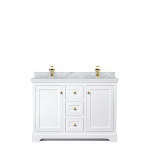Avery 48 Inch Double Bathroom Vanity in White White Carrara Marble Countertop Undermount Square Sinks Brushed Gold Trim