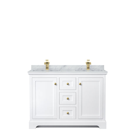 Avery 48 Inch Double Bathroom Vanity in White White Carrara Marble Countertop Undermount Square Sinks Brushed Gold Trim