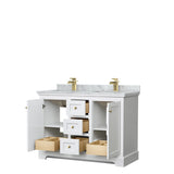 Avery 48 Inch Double Bathroom Vanity in White White Carrara Marble Countertop Undermount Square Sinks Brushed Gold Trim