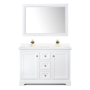 Avery 48 Inch Double Bathroom Vanity in White White Cultured Marble Countertop Undermount Square Sinks 46 Inch Mirror Brushed Gold Trim
