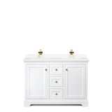 Avery 48 Inch Double Bathroom Vanity in White White Cultured Marble Countertop Undermount Square Sinks Brushed Gold Trim