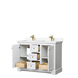 Avery 48 Inch Double Bathroom Vanity in White White Cultured Marble Countertop Undermount Square Sinks Brushed Gold Trim