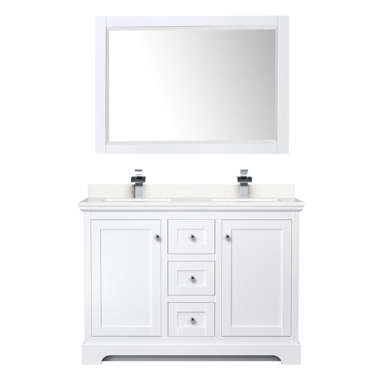 Avery 48 Inch Double Bathroom Vanity in White Carrara Cultured Marble Countertop Undermount Square Sinks 46 Inch Mirror