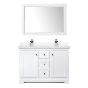 Avery 48 Inch Double Bathroom Vanity in White Carrara Cultured Marble Countertop Undermount Square Sinks 46 Inch Mirror