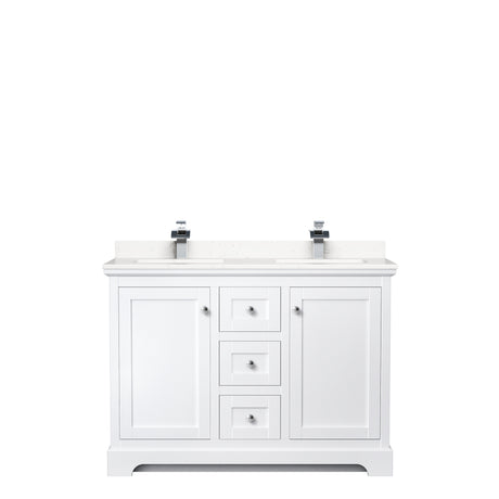 Avery 48 Inch Double Bathroom Vanity in White Carrara Cultured Marble Countertop Undermount Square Sinks No Mirror