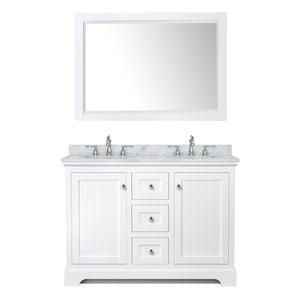 Avery 48 Inch Double Bathroom Vanity in White White Carrara Marble Countertop Undermount Oval Sinks 46 Inch Mirror
