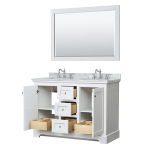 Avery 48 Inch Double Bathroom Vanity in White White Carrara Marble Countertop Undermount Oval Sinks 46 Inch Mirror