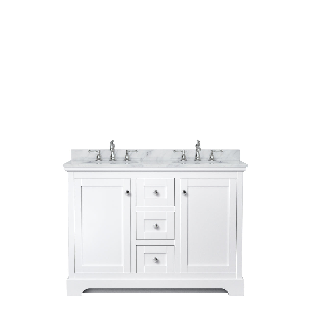 Avery 48 Inch Double Bathroom Vanity in White White Carrara Marble Countertop Undermount Oval Sinks No Mirror
