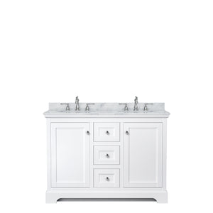 Avery 48 Inch Double Bathroom Vanity in White White Carrara Marble Countertop Undermount Oval Sinks No Mirror