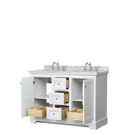 Avery 48 Inch Double Bathroom Vanity in White White Carrara Marble Countertop Undermount Oval Sinks No Mirror