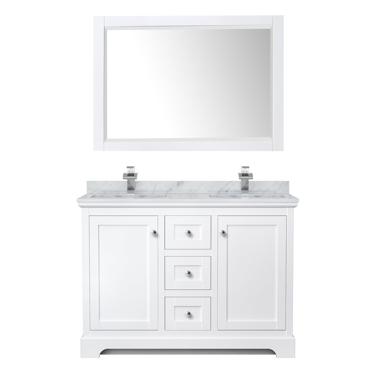 Avery 48 Inch Double Bathroom Vanity in White White Carrara Marble Countertop Undermount Square Sinks 46 Inch Mirror