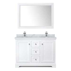 Avery 48 Inch Double Bathroom Vanity in White White Carrara Marble Countertop Undermount Square Sinks 46 Inch Mirror