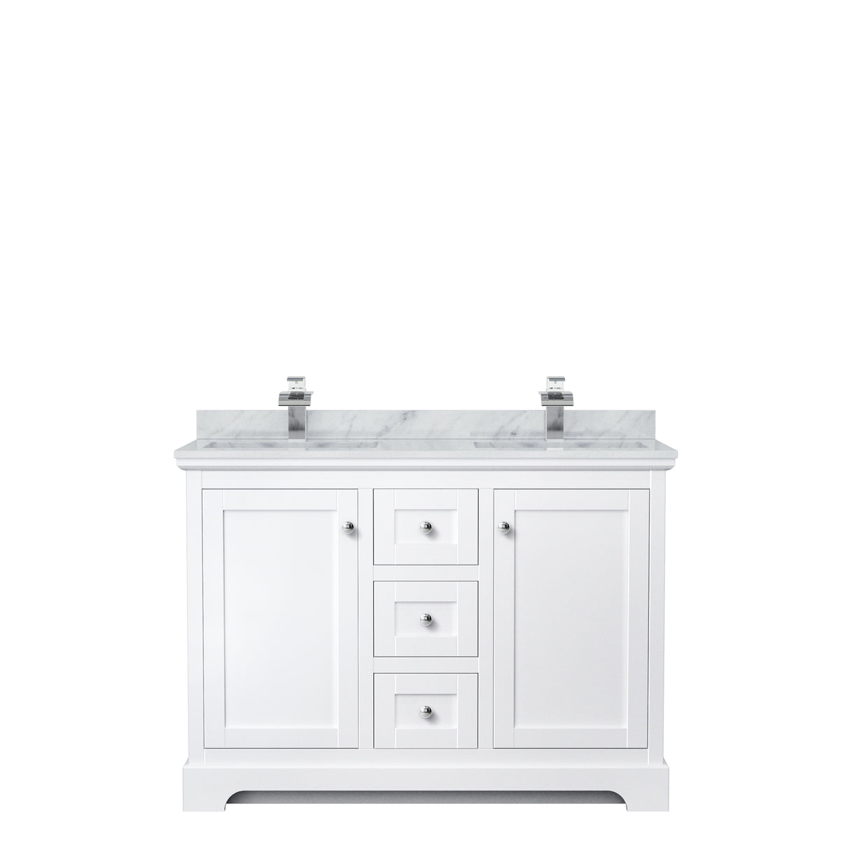 Avery 48 Inch Double Bathroom Vanity in White White Carrara Marble Countertop Undermount Square Sinks No Mirror
