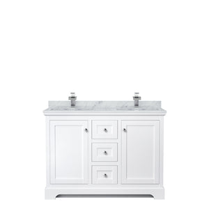 Avery 48 Inch Double Bathroom Vanity in White White Carrara Marble Countertop Undermount Square Sinks No Mirror