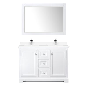 Avery 48 Inch Double Bathroom Vanity in White White Cultured Marble Countertop Undermount Square Sinks 46 Inch Mirror