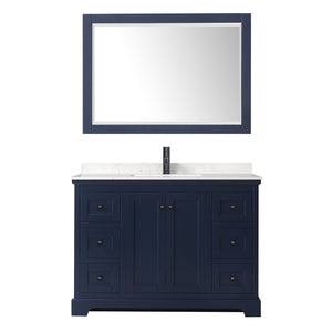 Avery 48 Inch Single Bathroom Vanity in Dark Blue Carrara Cultured Marble Countertop Undermount Square Sink Matte Black Trim 46 Inch Mirror