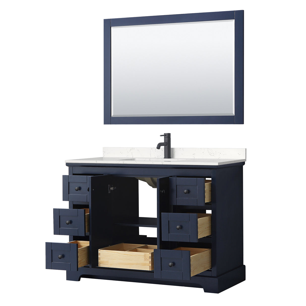 Avery 48 Inch Single Bathroom Vanity in Dark Blue Carrara Cultured Marble Countertop Undermount Square Sink Matte Black Trim 46 Inch Mirror
