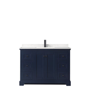 Avery 48 Inch Single Bathroom Vanity in Dark Blue Carrara Cultured Marble Countertop Undermount Square Sink Matte Black Trim