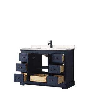 Avery 48 Inch Single Bathroom Vanity in Dark Blue Carrara Cultured Marble Countertop Undermount Square Sink Matte Black Trim