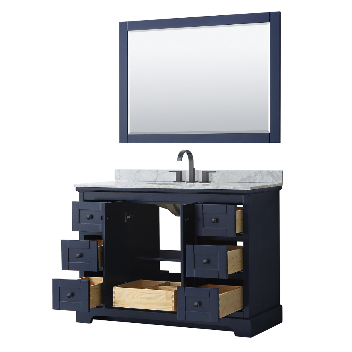 Avery 48 Inch Single Bathroom Vanity in Dark Blue White Carrara Marble Countertop Undermount Oval Sink Matte Black Trim 46 Inch Mirror