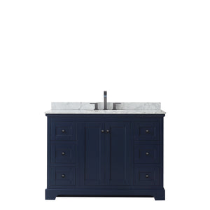 Avery 48 Inch Single Bathroom Vanity in Dark Blue White Carrara Marble Countertop Undermount Oval Sink Matte Black Trim
