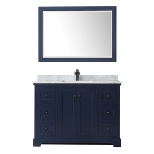 Avery 48 Inch Single Bathroom Vanity in Dark Blue White Carrara Marble Countertop Undermount Square Sink Matte Black Trim 46 Inch Mirror