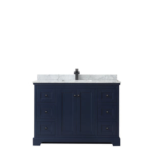 Avery 48 Inch Single Bathroom Vanity in Dark Blue White Carrara Marble Countertop Undermount Square Sink Matte Black Trim