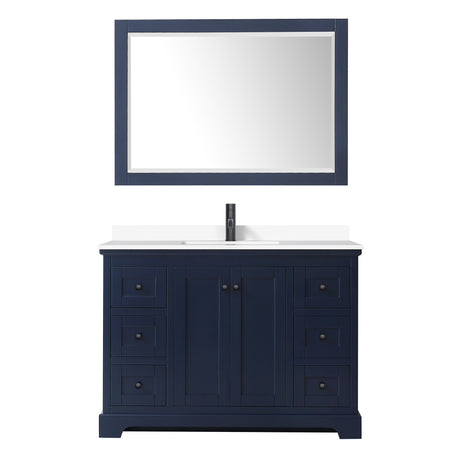 Avery 48 Inch Single Bathroom Vanity in Dark Blue White Cultured Marble Countertop Undermount Square Sink Matte Black Trim 46 Inch Mirror