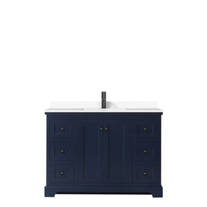 Avery 48 Inch Single Bathroom Vanity in Dark Blue White Cultured Marble Countertop Undermount Square Sink Matte Black Trim