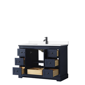Avery 48 Inch Single Bathroom Vanity in Dark Blue White Cultured Marble Countertop Undermount Square Sink Matte Black Trim