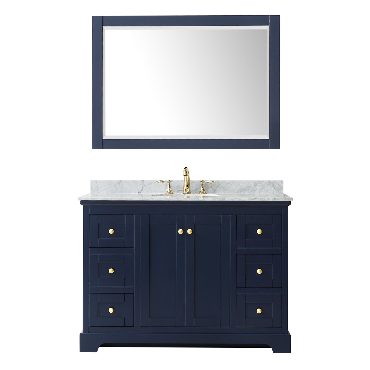 Avery 48 Inch Single Bathroom Vanity in Dark Blue White Carrara Marble Countertop Undermount Oval Sink and 46 Inch Mirror