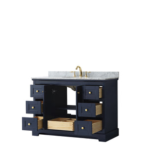 Avery 48 Inch Single Bathroom Vanity in Dark Blue White Carrara Marble Countertop Undermount Oval Sink and No Mirror