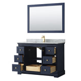 Avery 48 Inch Single Bathroom Vanity in Dark Blue White Carrara Marble Countertop Undermount Square Sink and 46 Inch Mirror