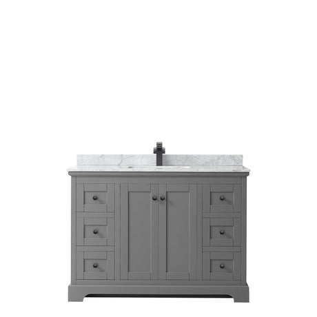 Avery 48 Inch Single Bathroom Vanity in Dark Gray White Carrara Marble Countertop Undermount Square Sink Matte Black Trim