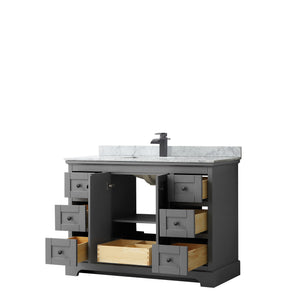 Avery 48 Inch Single Bathroom Vanity in Dark Gray White Carrara Marble Countertop Undermount Square Sink Matte Black Trim