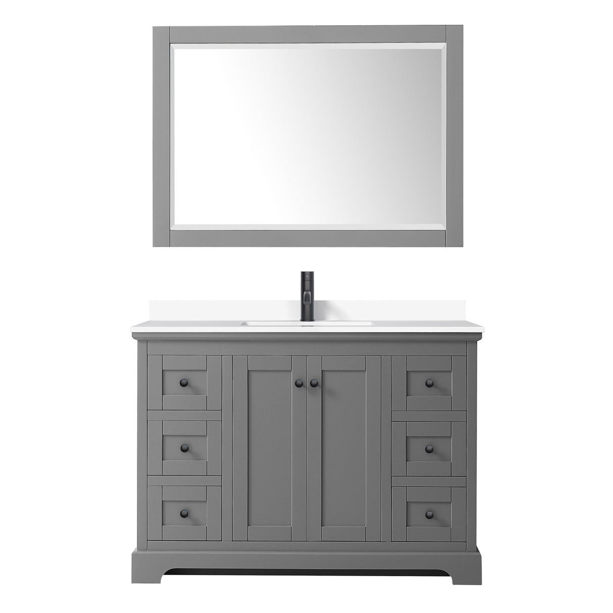 Avery 48 Inch Single Bathroom Vanity in Dark Gray White Cultured Marble Countertop Undermount Square Sink Matte Black Trim 46 Inch Mirror