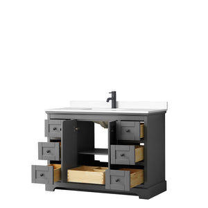 Avery 48 Inch Single Bathroom Vanity in Dark Gray White Cultured Marble Countertop Undermount Square Sink Matte Black Trim