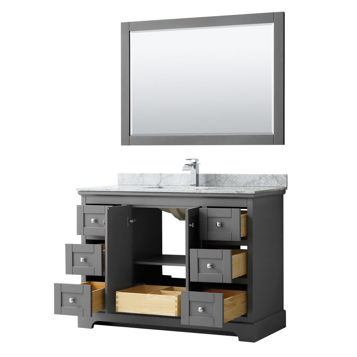 Avery 48 Inch Single Bathroom Vanity in Dark Gray White Carrara Marble Countertop Undermount Square Sink and 46 Inch Mirror