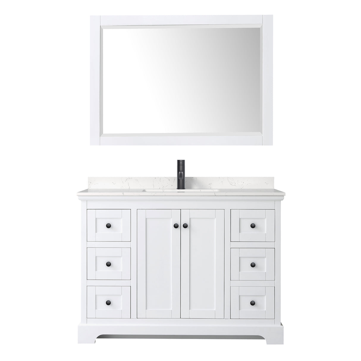 Avery 48 Inch Single Bathroom Vanity in White Carrara Cultured Marble Countertop Undermount Square Sink Matte Black Trim 46 Inch Mirror