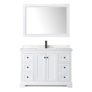 Avery 48 Inch Single Bathroom Vanity in White Carrara Cultured Marble Countertop Undermount Square Sink Matte Black Trim 46 Inch Mirror
