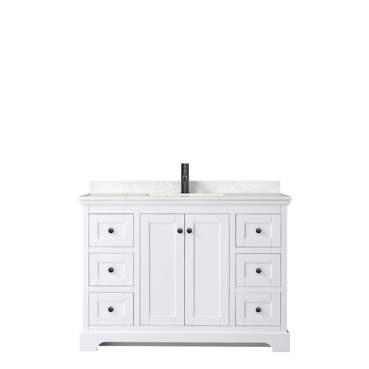 Avery 48 Inch Single Bathroom Vanity in White Carrara Cultured Marble Countertop Undermount Square Sink Matte Black Trim