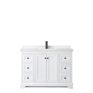 Avery 48 Inch Single Bathroom Vanity in White Carrara Cultured Marble Countertop Undermount Square Sink Matte Black Trim